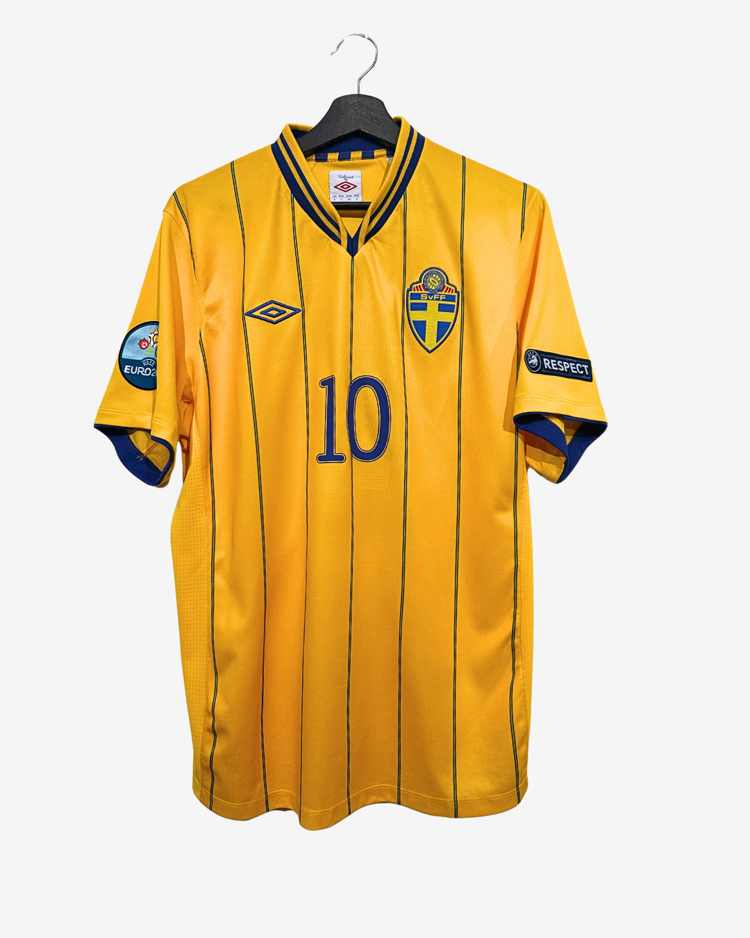 Yellow sports jersey with blue numbering and branding on a white background