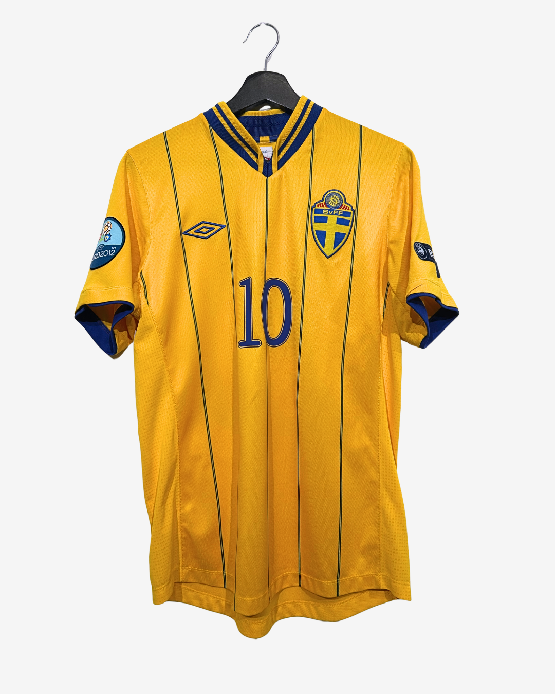 Yellow sports jersey with blue accents on a hanger against a white background