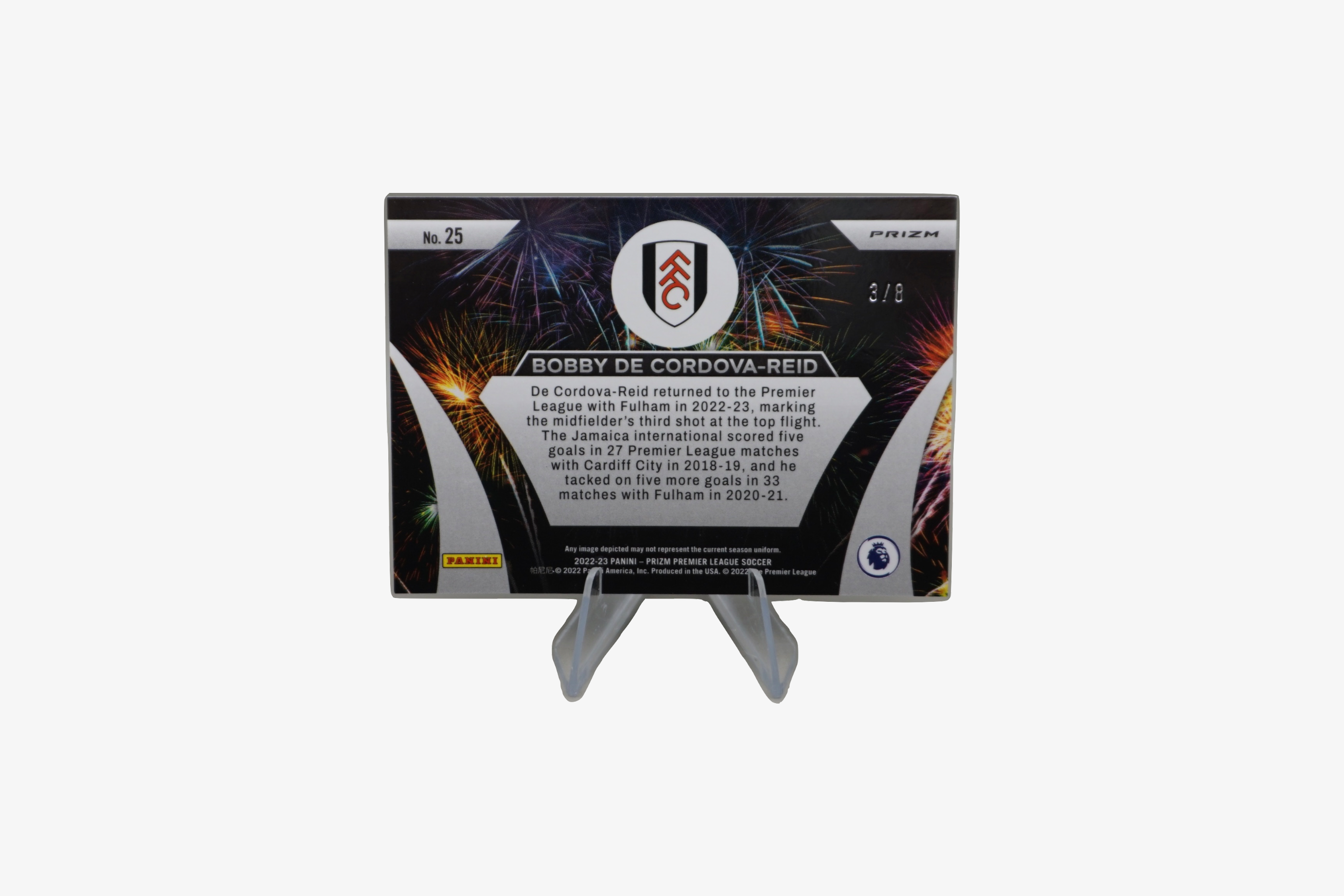 Bobby De Cordova-Reid – 2024/25 Prizm Fireworks Blue Prizm (Fulham FC) – Serial #3/8 – Card No. 25